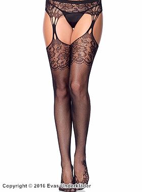 Suspender pantyhose, small fishnet, lace, open crotch